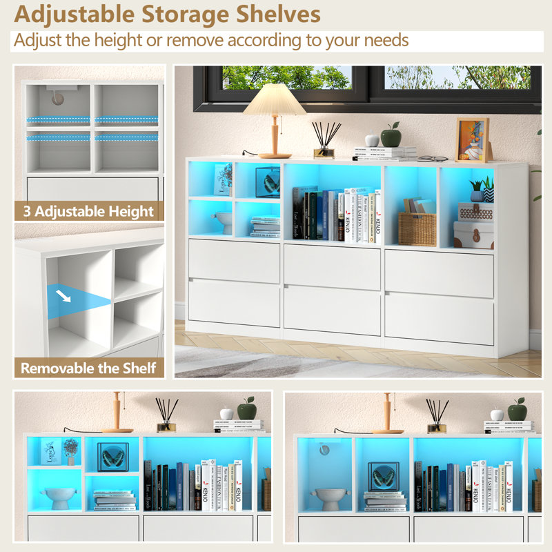 6 Drawers Dresser With 7 Storage Cubbies, LED Chest Of Drawers With Power Outlet, White