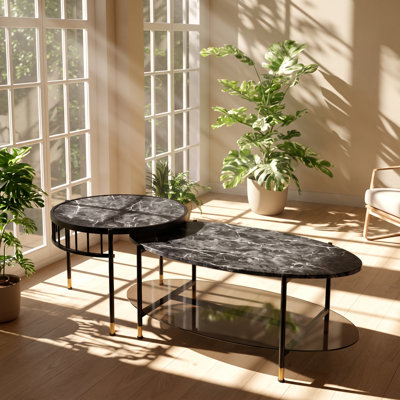 Ensemble de 2 tables basses gigognes en métal avec plateau en faux marbre Silas (127 cm L x 61 cm P x 46 cm H)