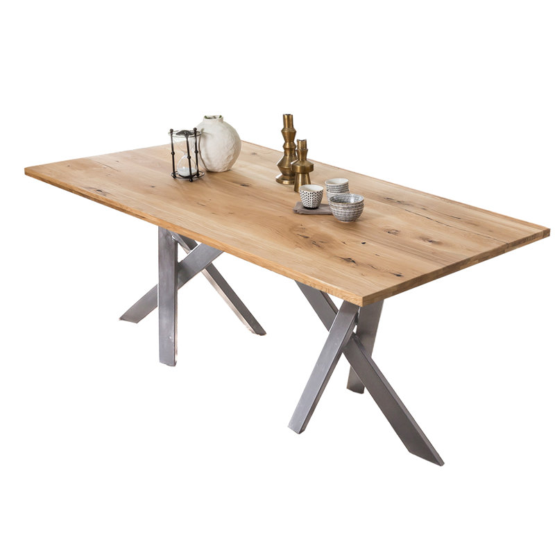 Diane Oak Solid Wood Top Metal Base Dining Table, H76 x L220 x W100cm, Silver