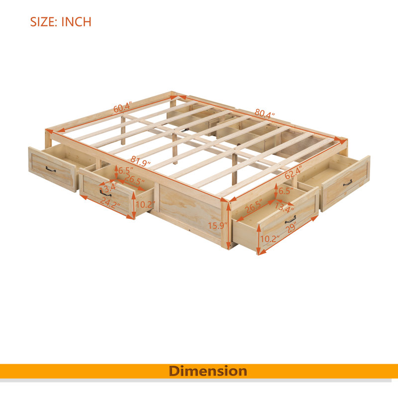  Lit plateforme avec 6 tiroirs de rangement, Naturel antique, Grand lit
