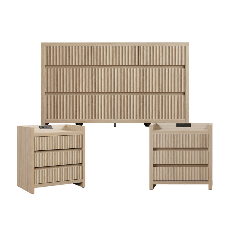 Commode moderne à 7 tiroirs cannelés avec ensemble de table de chevet 2 pièces, ensemble de rangement pour chambre à coucher avec station de charge et tiroirs spacieux
