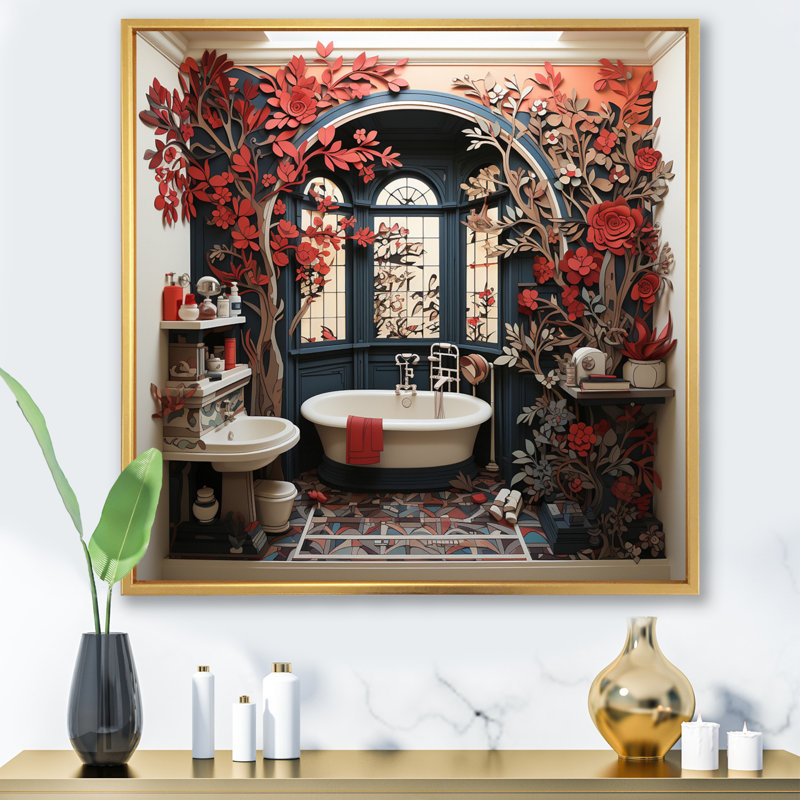 «Red Modern Bathroom Charm II», art mural «Laundry», H 36 po x l 36 po x P 1,5 po, Cadre flottant doré