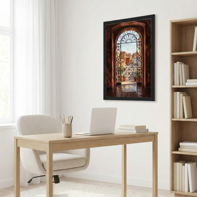 Art mural sur toile noir encadré pour le salon, la chambre à coucher, le bureau ou le vestibule - Décoration murale décorative avec vue sur la fenêtre