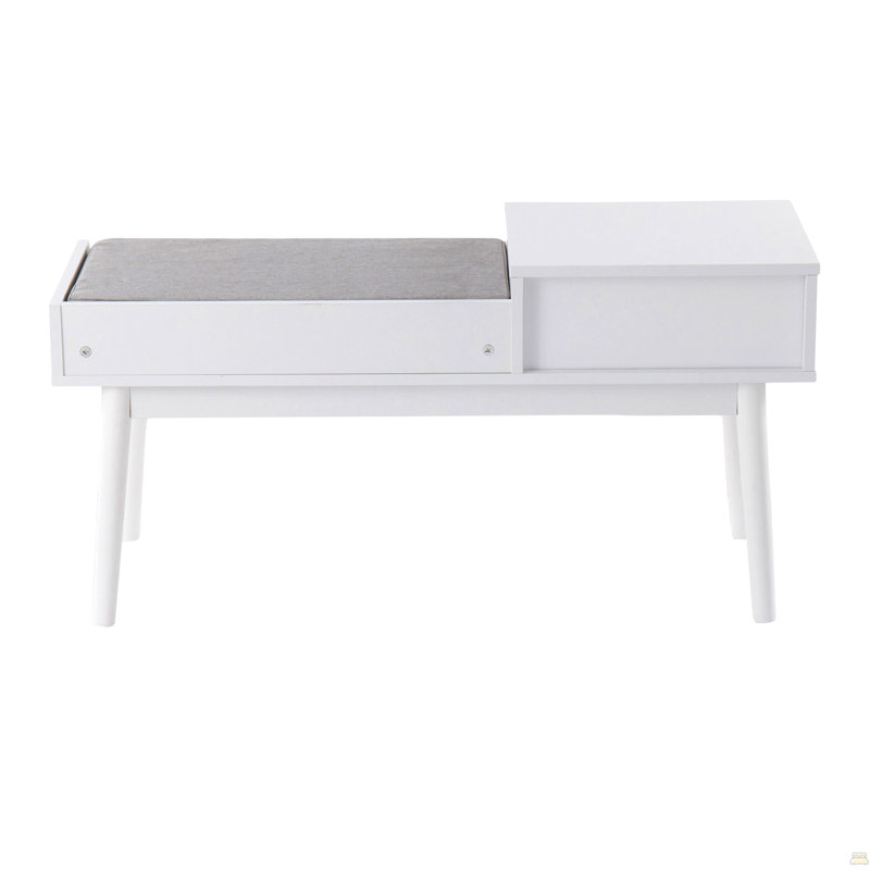 Banc téléphone contemporain en bois blanc et tissu gris avec tiroir coulissant, White