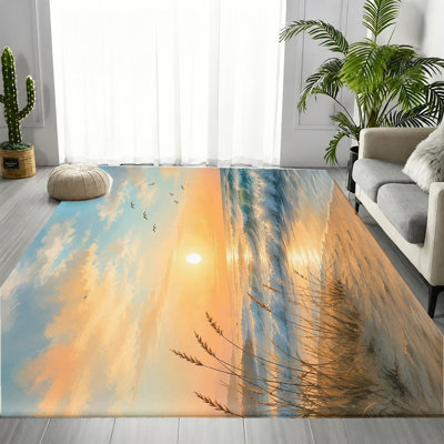 Seascape Area Rug, Sunset Beach Wave & Flying Bird Pattern, Non-Slip Floor Carpet, Aesthetic Artistic Indoor Home Decor for Living Room, Bedroom, Entryway, Kitchen, Apartment