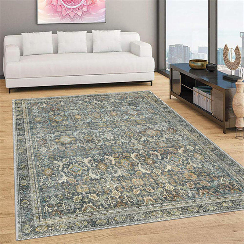 Area Rugs For Living Room, Washable Neutral Hand-Painted Floral Bedroom Rug, Vintage Distressed Non Slip Low Pile Large Carpet, Soft Retro Dining Room Office Rug