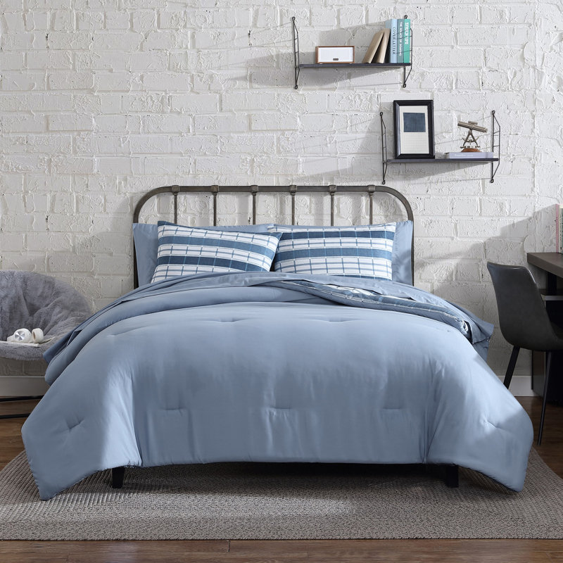 Perry Ellis Portfolio Caleb Blue Stripe Reversible Bed in a Bag Comforter Set, Queen Comforter + 6 Additional Pieces