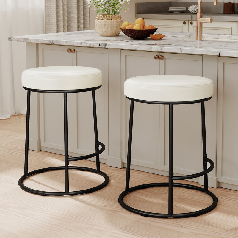 Iron Counter Stool with Iron Frame, White Faux Leather, 3