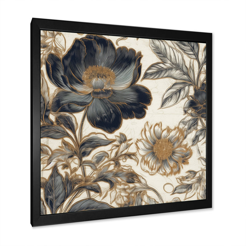 Blue Gold Peony Symphony I, reproduction d'art sur toile, Cadre simple noir, H 36 po x l 36 po x P 1,5 po