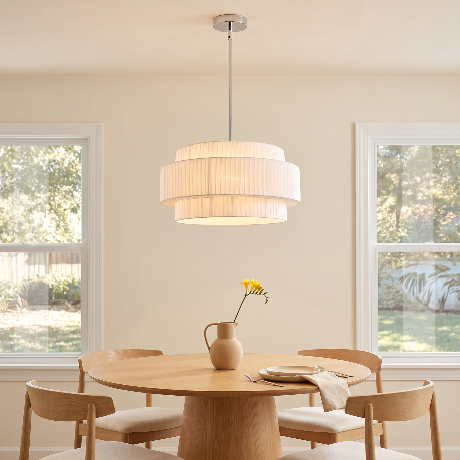 Reihan 5-Light 23.6” Dimmable Pleated Drum Chandelier, Chrome