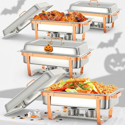 Ensemble de buffet à vaisselle Chafing - Acier inoxydable 8 pte, avec couvercle, cuillère de service et pince à épiler | Portable durable pour la restauration, les mariages et les repas à domicile | Gardez les aliments chauds et faciles à nettoyer Gold Or rose