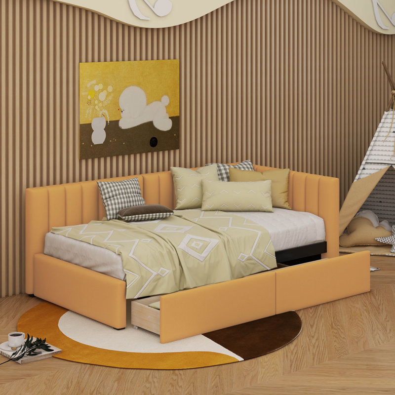 Twin Size Upholstered Daybed With 2 Drawers,Wood Slat Support, Yellow