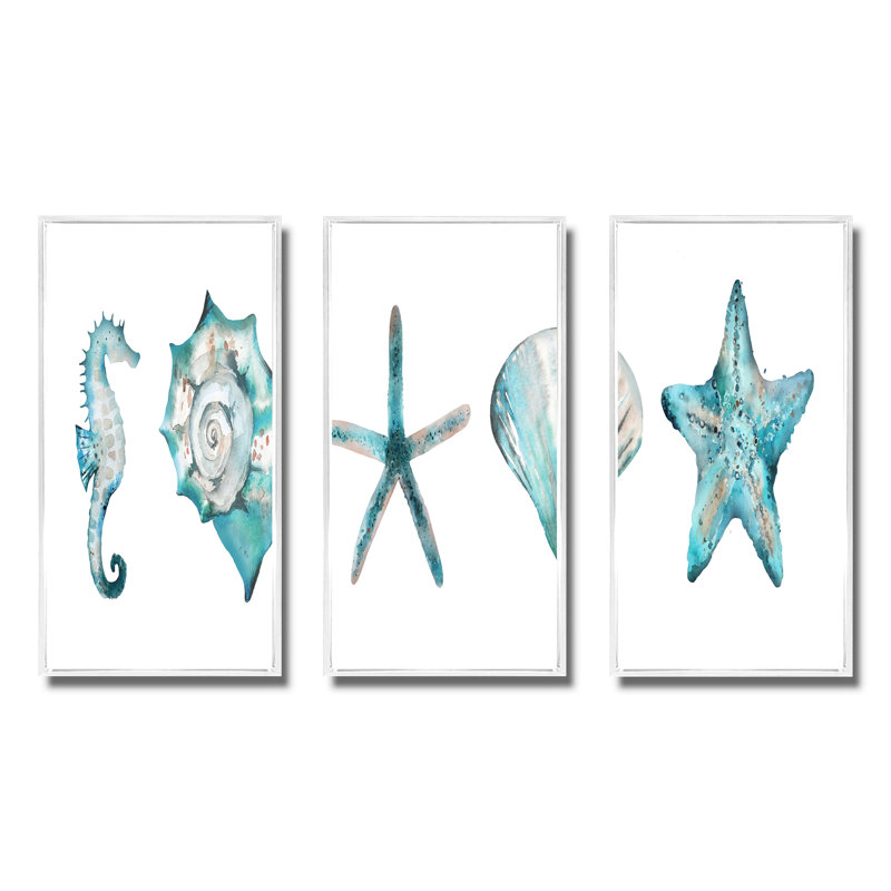 Étoile de mer bleue et coquillages - ensemble d'art mural sur toile encadré nautique et côtier, H 20 po x l 36 po