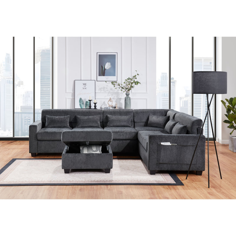 Canapé modulaire en chenille l 115 po Trey avec dossier réglable, ports de charge, poches, capitonnage, repose-pieds avec rangement, coussins décoratifs Trey