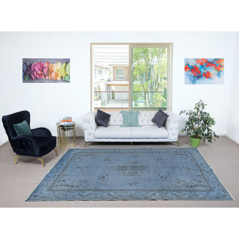 Tapis bleu en laine de style art déco 6,8 x 10,3 pi, tapis turc fait à la main