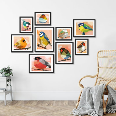 " Watercolor Geometric Birds Variety Nature Shapes " 9 - Pieces