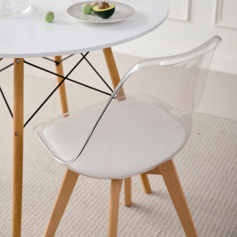 Acrylic Dining Chairs Set of 2, Clear Kitchen Chair with Padded Seat, Solid Wood Legs For Living Room, Home Office, 2, Clear