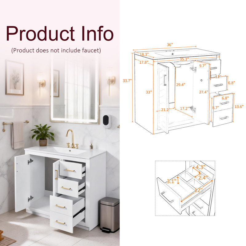 Armoire de meuble-lavabo sur pied 36 po avec lavabo en céramique 36 po - 3 tiroirs, portes à fermeture douce, Blanc, Doré