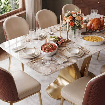 71" Modern Rectangular Sintered Stone Dining Table with Gold Stainless Steel Sculptural Base, Natural Vein Finish, Rounded Corners