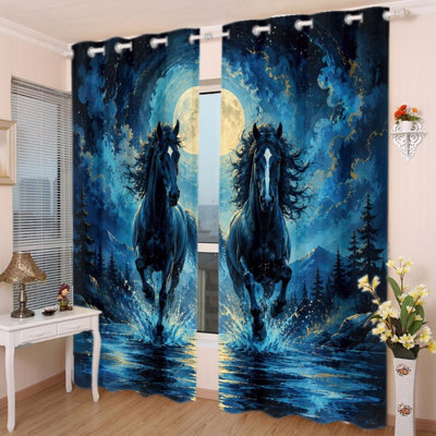 2 PCS avec œillets, rideaux occultants, cheval de course au clair de lune, rideaux imprimés fantaisie, isolation thermique, réduction du bruit, protection de la vie privée, obscurcissement des pièces pour la chambre à coucher