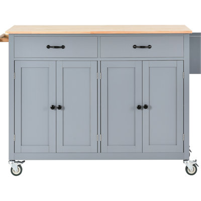 Kitchen Island Cart In Blue With Strong Solid Wood Platform Top, 4 Door Cabinet, 2 Drawers, Spice & Towel Rack, Locking Wheels Top Lockable Wheels, Rack 