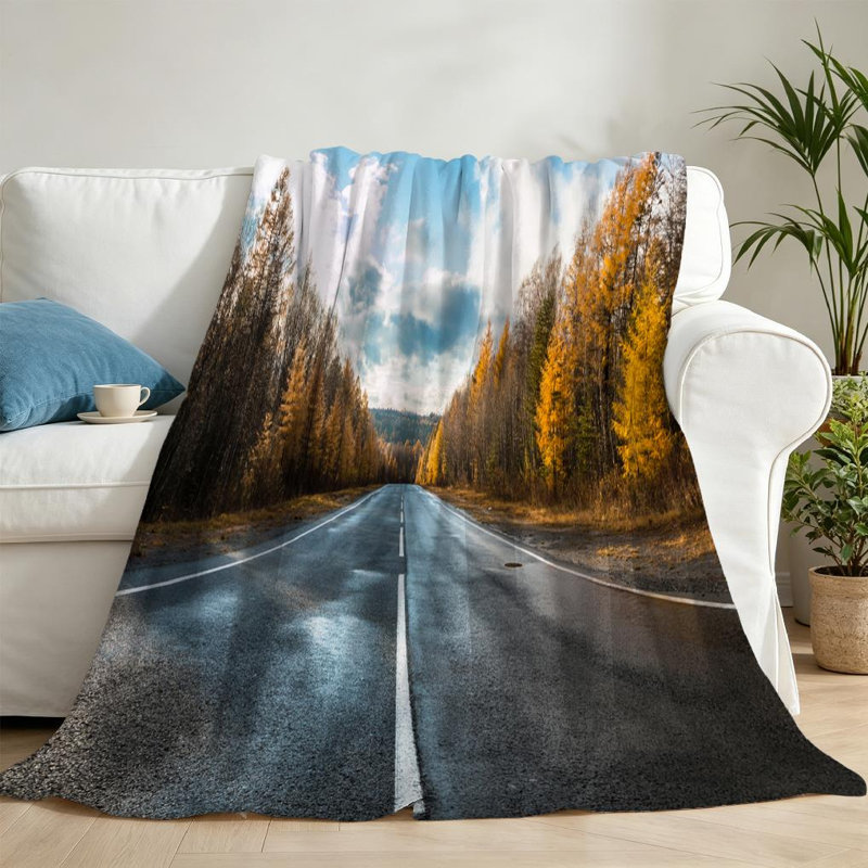 Jeté en molleton jaune ultra doux, imprimé route unie en automne, Throw 50" x 60"