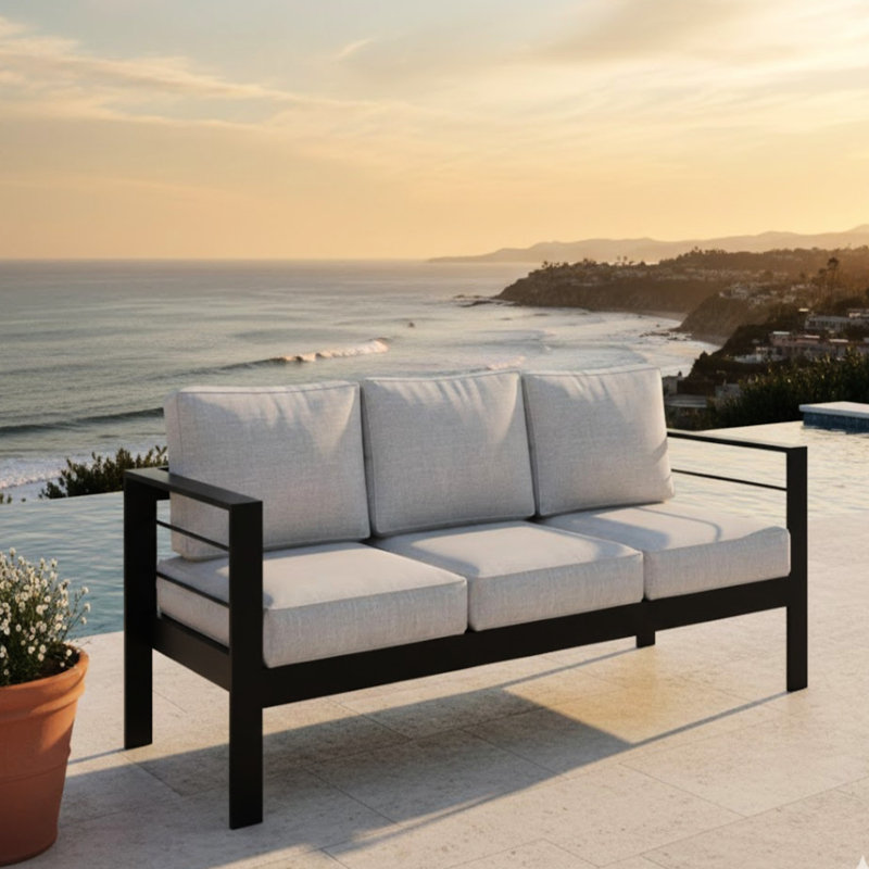 Patio en aluminium toutes saisons de 73 pouces, 3 sièges avec coussins gris épais, structure résistante aux chocs, housses amovibles protégées, lavable à la machine