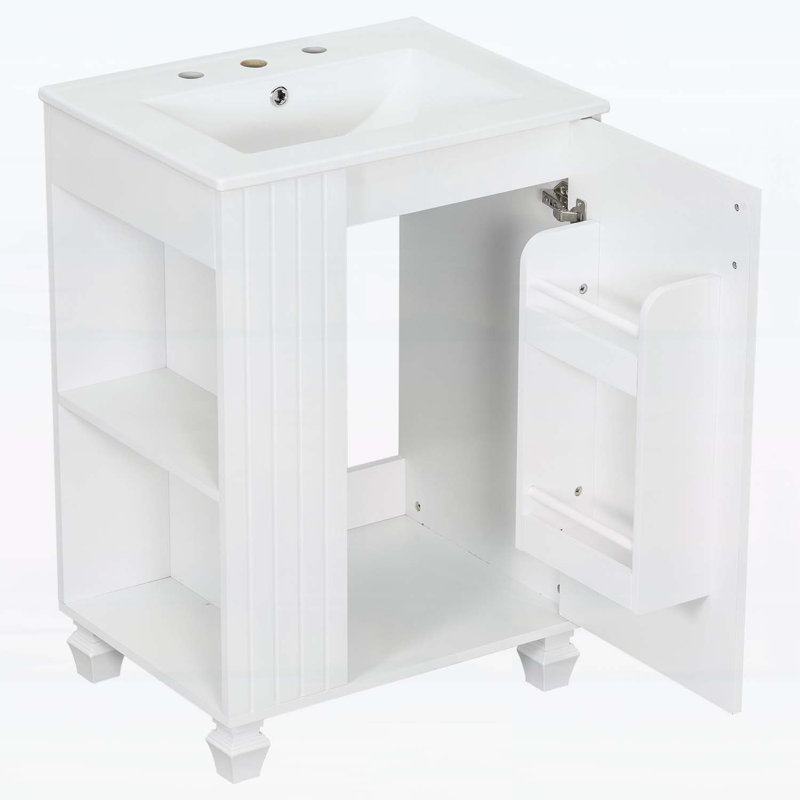 Meuble-lavabo de 24 po avec lavabo, structure en bois, porte à fermeture douce et rangement latéral ouvert, Blanc