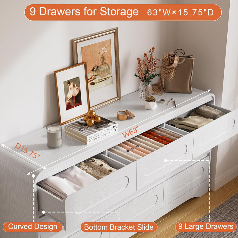 White Dresser For Bedroom With 9 Drawers, 63" Largemodern Dressers & Chest Of Drawers Withcurved Profile Design, Wood Closet Clothes Storage Long Dressers Organizer For Bedroomliving Room Hallway,grey