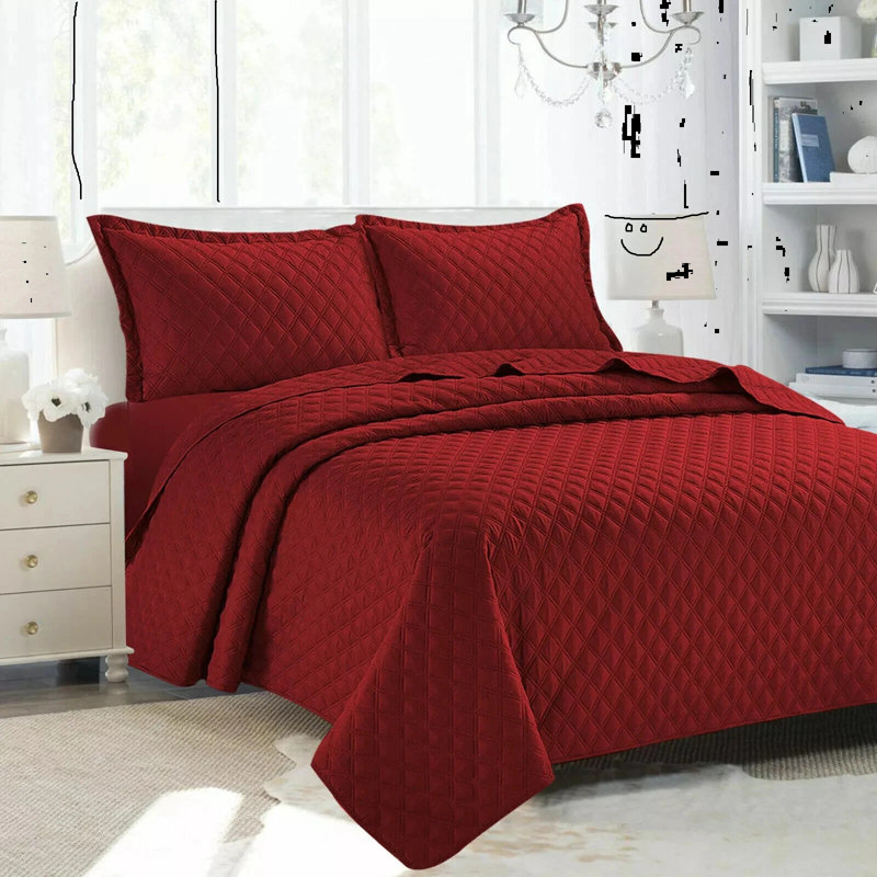 Microfiber Bedspread with Pillow Shams Included, Double Bedspread + 2 Standard Shams, Red