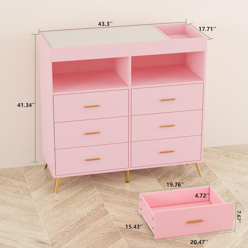 Commode 6 tiroirs, table à langer avec matelas à langer, Rose