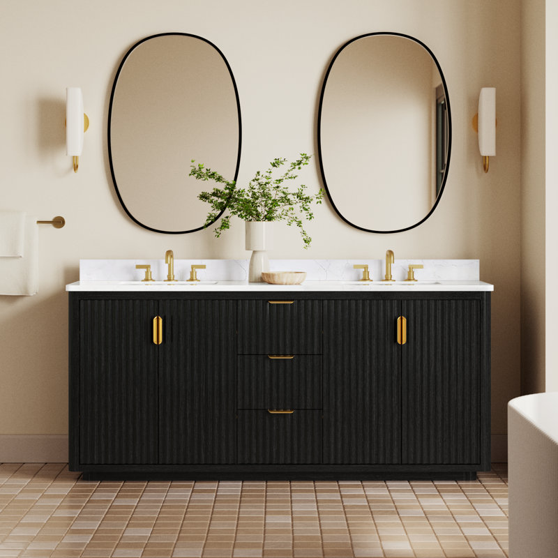 Adela 72'' Double Bathroom Vanity with Engineered Stone Top, Black, White, Gold