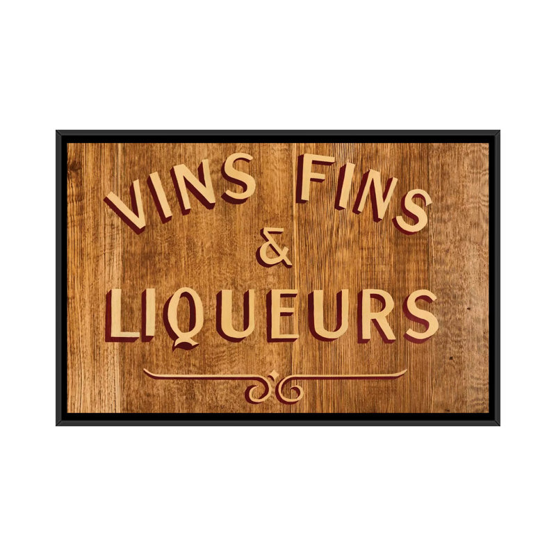 Vins Fins and Liqueurs, art textuel sur toile tendue, H 32 po x l 48 po x P 1,5 po, Toile avec cadre noir, Pas de tapis