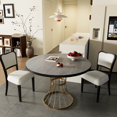 Table ronde de 42 po en chêne foncé: table en placage d'apparence bois massif, 2 chaises rembourrées en noyer, base en fer robuste, pour la cuisine avec des meubles spatiaux