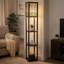 Lampe sur pied d'angle, 3 tablettes, abat-jour en tissu blanc sculpté floral, bois brun