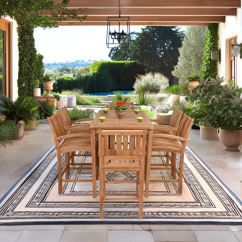 Teak Wood Bistro Bar Set Including Rectangular Table And Abacho Barstools With Arms, 43" H x 63" L x 35.5" W, 6