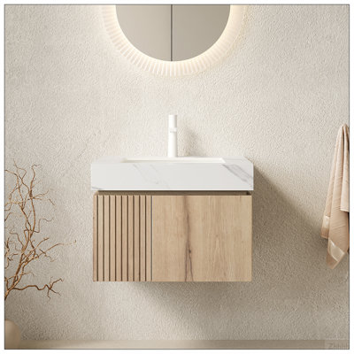 Meuble-lavabo de salle de bain 24 po MURI, armoire de rangement flottante en contreplaqué avec 2 portes, comptoir en pierre frittée blanc Carrara et lavabo en céramique avec 1 trou de robinet pré-percé, pré-assemblé, grain de bois de chêne blanc