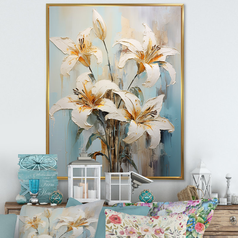 Rêveuse rêveuse de lys sur toile, H 32 po x l 24 po x P 1 po, Cadre flottant doré