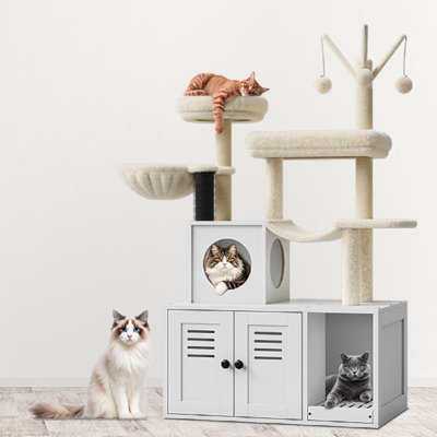 Arbre à chat Delois avec bac à litière, tour pour chats d'intérieur, maisonnette en bois pour chat avec poteau à griffes, boules suspendues, lit pour chat et perchoir supérieur