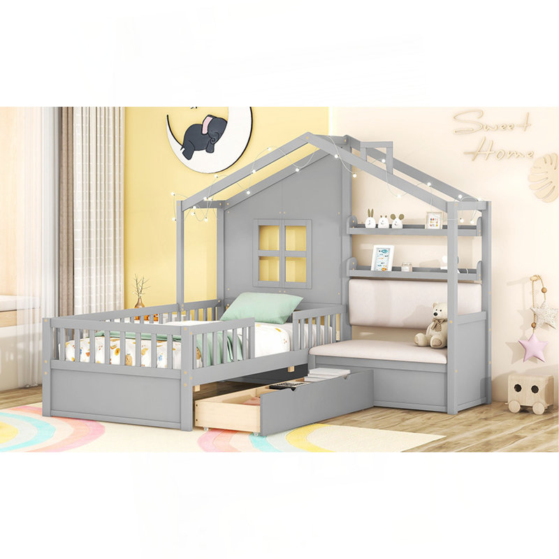 Lit simple avec canapé, lit plateforme pour enfants avec deux tiroirs et tablette de rangement, Gris