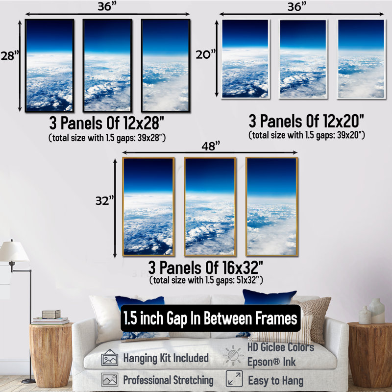 Superbe vue de l'avion - ensemble d'art mural sur toile encadré paysage de 3, H 32 po x l 48 po x P 1 po, Brun