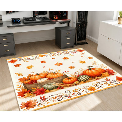 Tapis d'automne à feuilles de citrouille d'automne, style aquarelle, surface en velours, tapis antidérapant, décoration intérieure festive pour salon, chambre à coucher, cuisine, salle à manger, entrée, appartement