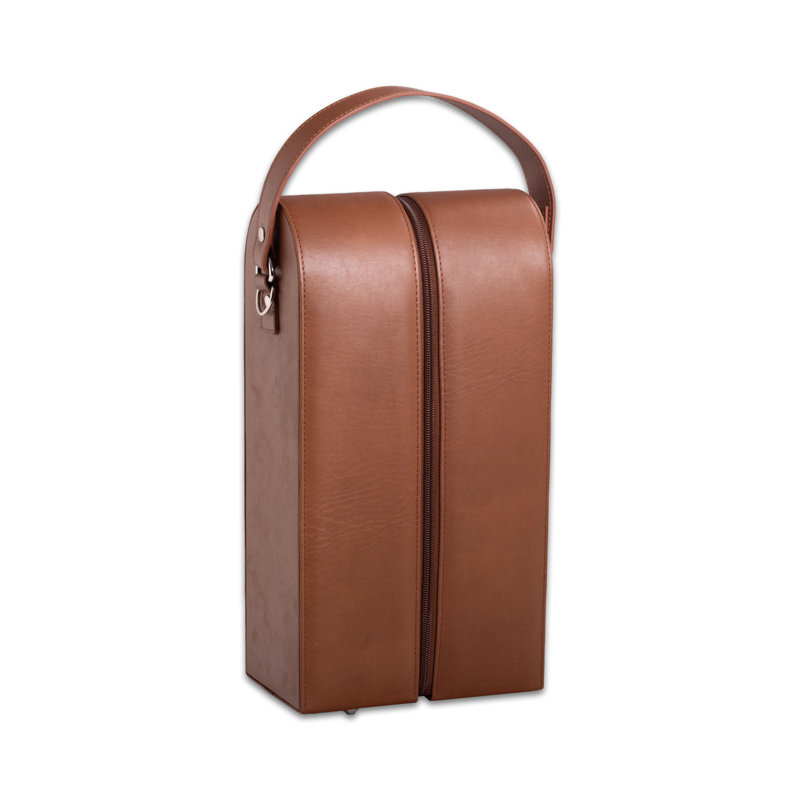 Porte-bouteilles en cuir brun pour deux bouteilles et outil de bar avec tire-bouchon, ouvre-bouchon et coupe-papier.
