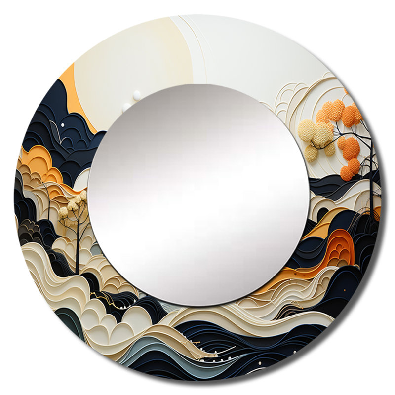 Grey Orange Line Art Landscape - Abstract Line Round Mirror Wall Decor, 23 po x 23 po