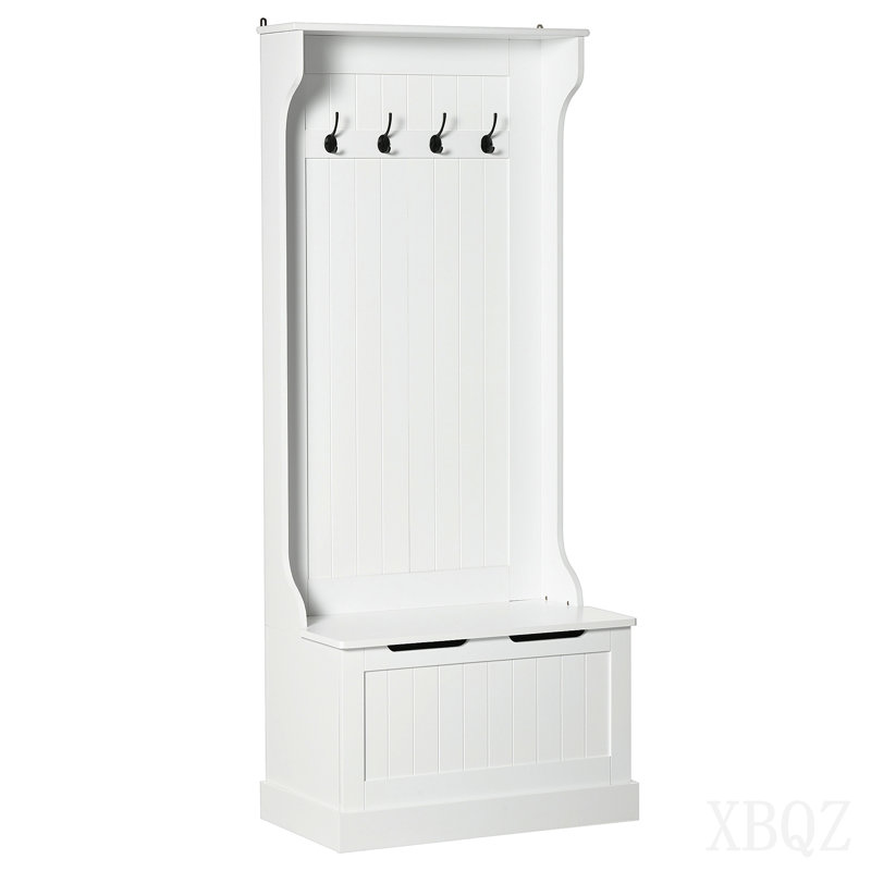 Hall Tree with Coat Rack, Storage and Sitting Bench, White, White