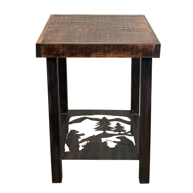 BURNT SIENNA BEARS ROASTING MARSHMALLOW TABLE SET- 1-COFFEE TABLE, 1- SOFA TABLE, 2 17 SQUARE END TABLES -ALL WITH ROUGH SAWN TOPS