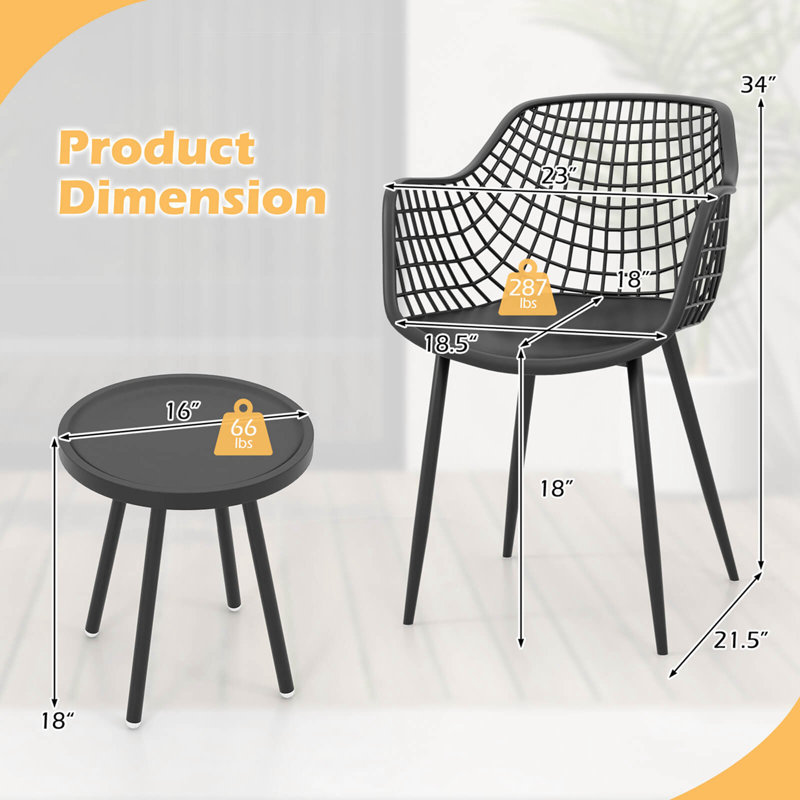 George Oliver 3 Piece Patio Bistro Set All Weather Heavy Duty Table And Chairs Set Of 2, Black