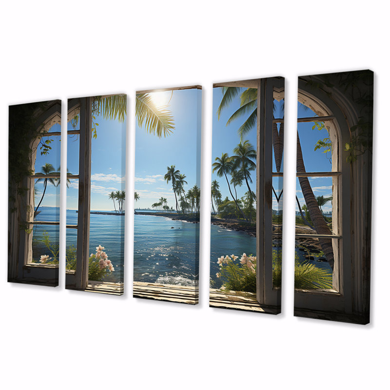 Océan tropical coucher de soleil à travers une fenêtre blanche ouverte II - art mural toile côtière - 5 panneaux égaux