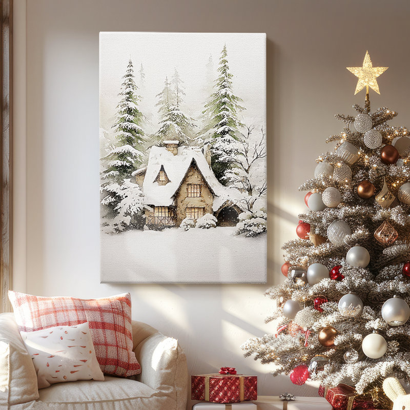 «Frostlit Cottage at Dusk» - Toile tendue avec châssis de qualité supérieure, H 48 po x l 32 po