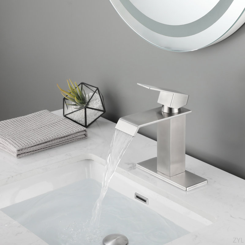 Waterfall Spout Bathroom Sink Single Handle Faucet With Pop-Up Drain (With Overflow)